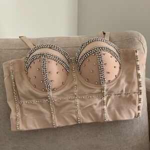 NWT blush nude pink tone corset bra bustier crystal rhinestones push up 34C-36BC
